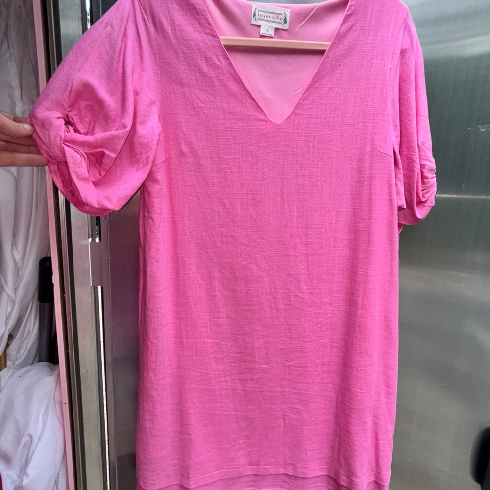 Loveriche Pink V-Neck Short Sleeve Linen dress🎀 NWT